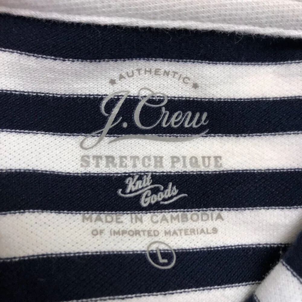 J Crew Authentic Men's Navy Blue Striped Polo Shirt Large Stretch Pique Knit